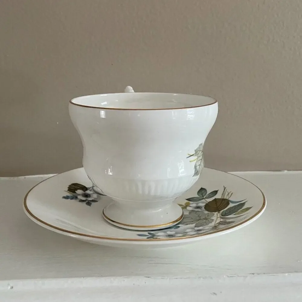 VTG Royal Dover Bone China, Teacup & Saucer, Floral, Gold Trim, Gray, Green